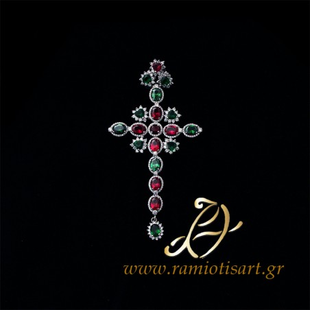 pectoral cross in silver with red green white cubic zirconia