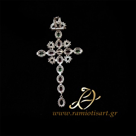 pectoral cross in silver with red green white cubic zirconia