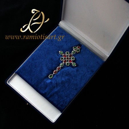 pectoral cross in silver with red green white cubic zirconia