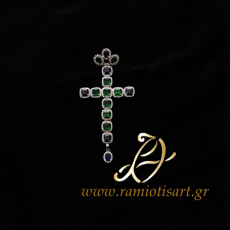 small pectoral cross with green and blue cubic...