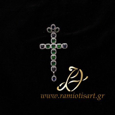 small pectoral cross with green and blue cubic zirconia