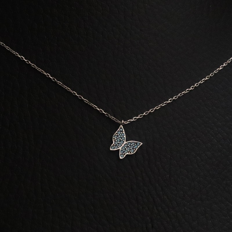 κολιε ασημι πεταλουδα με γαλαζιες πετρες ζιργκον