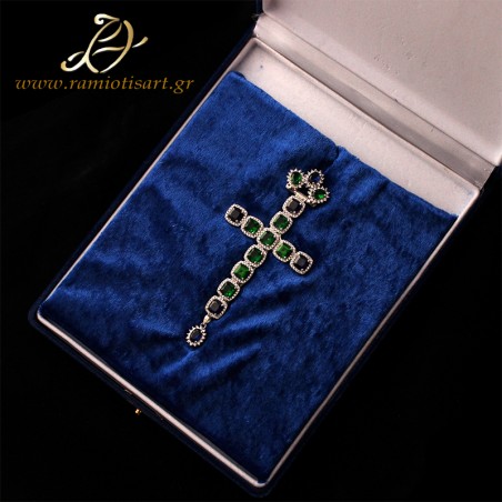 small pectoral cross with green and blue cubic zirconia