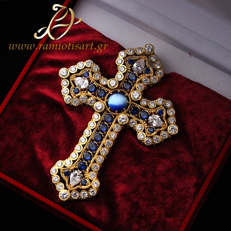 Pectoral Cross ΣΤ32 goldplated decorated with cubic zirconia Color Yellow Gold MATERIAL BRONZE YOUR BUDJET 300+ EURO