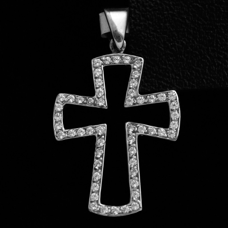 White gold hollow cross with cubic zirconia stones