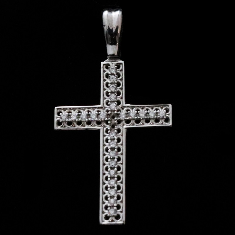 White-gold cross with cubic zirconia with two-sided