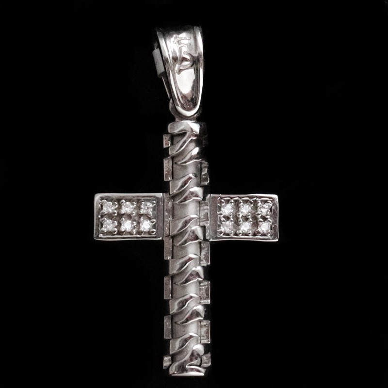 White gold cross with pattern and cubic zirconia stones