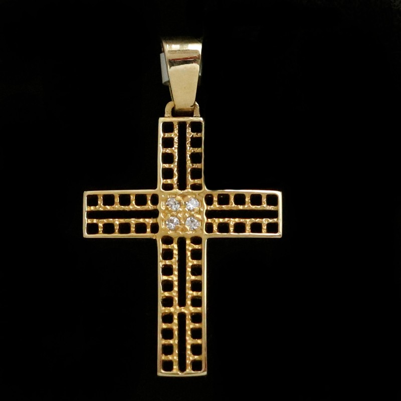 gold cross with holes and zircon