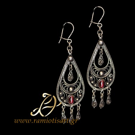 silver earrings filigree Greek art red stone