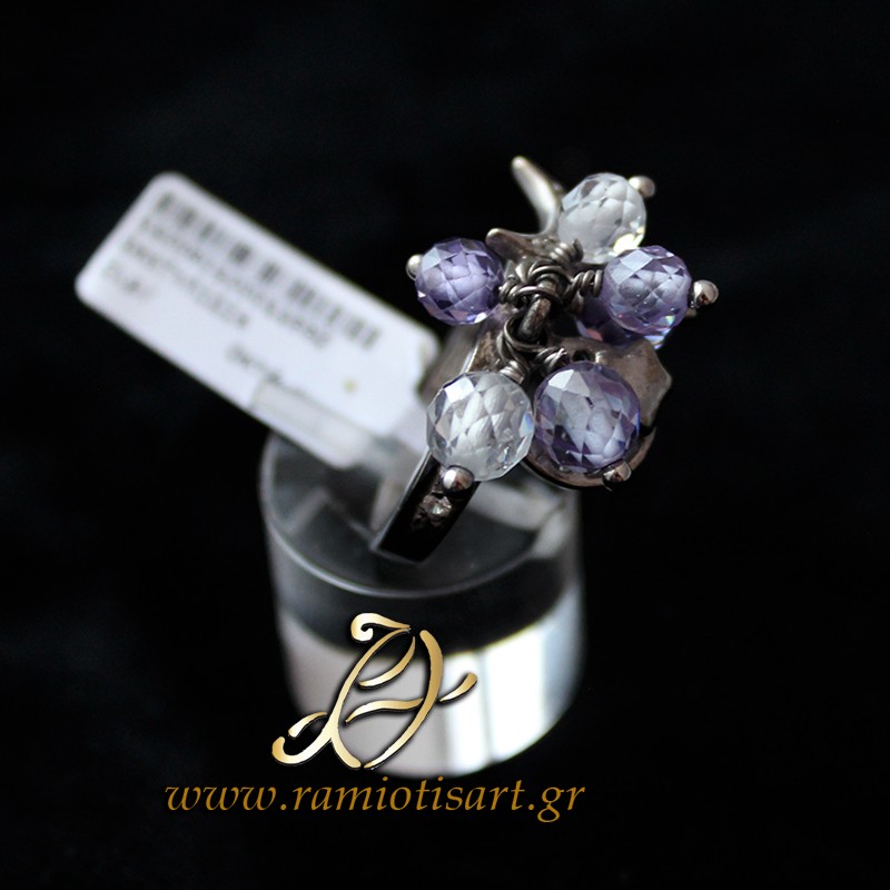 white gold ring with charms and amethyst and cubic zirconia