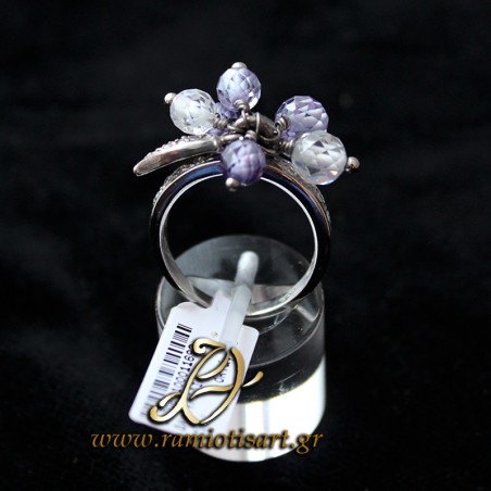 white gold ring with charms and amethyst and cubic zirconia