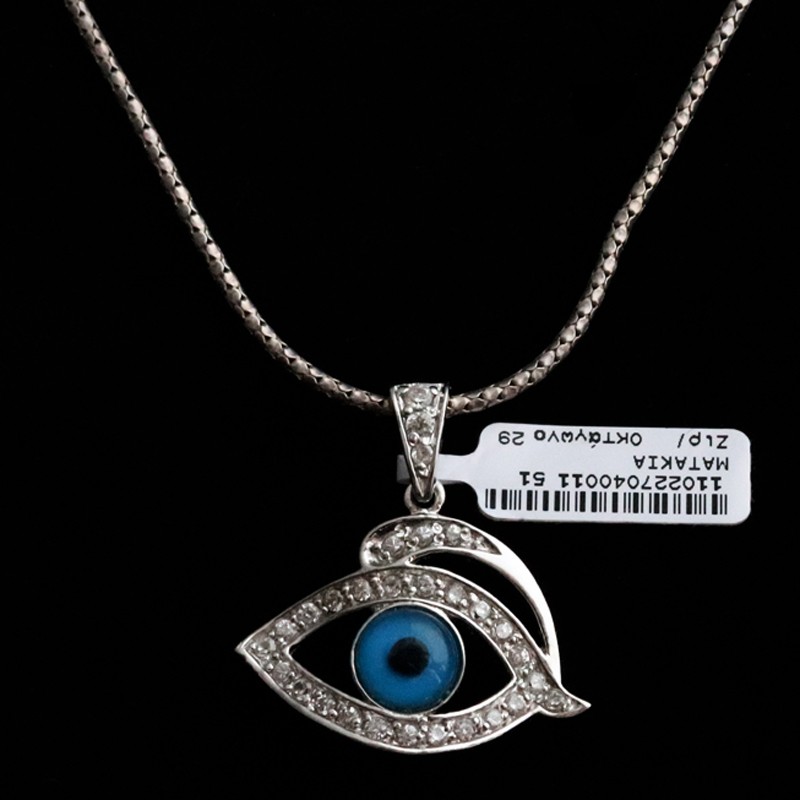 silver necklace with eye and cubic zirconia stones