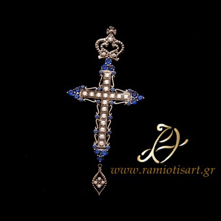 επιστηθιος σταυρος ΣΤ29-053 ασημενιος μπλε λευκα ζιργκον