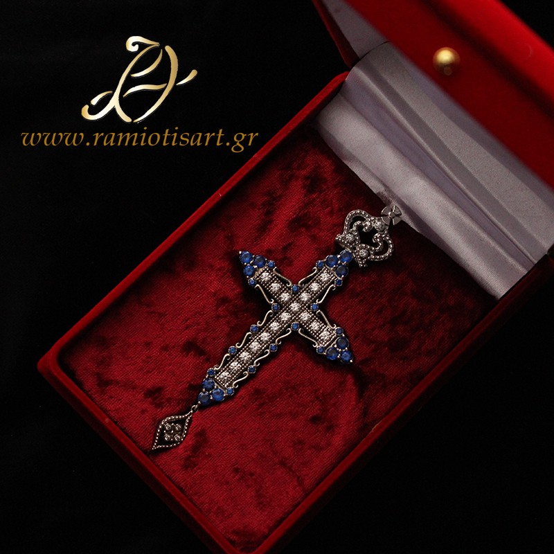pectoral cross ΣΤ29-053 silver blue and white cubic zirconia MATERIAL SILVER Color Platinum plated YOUR BUDJET 300+ EURO