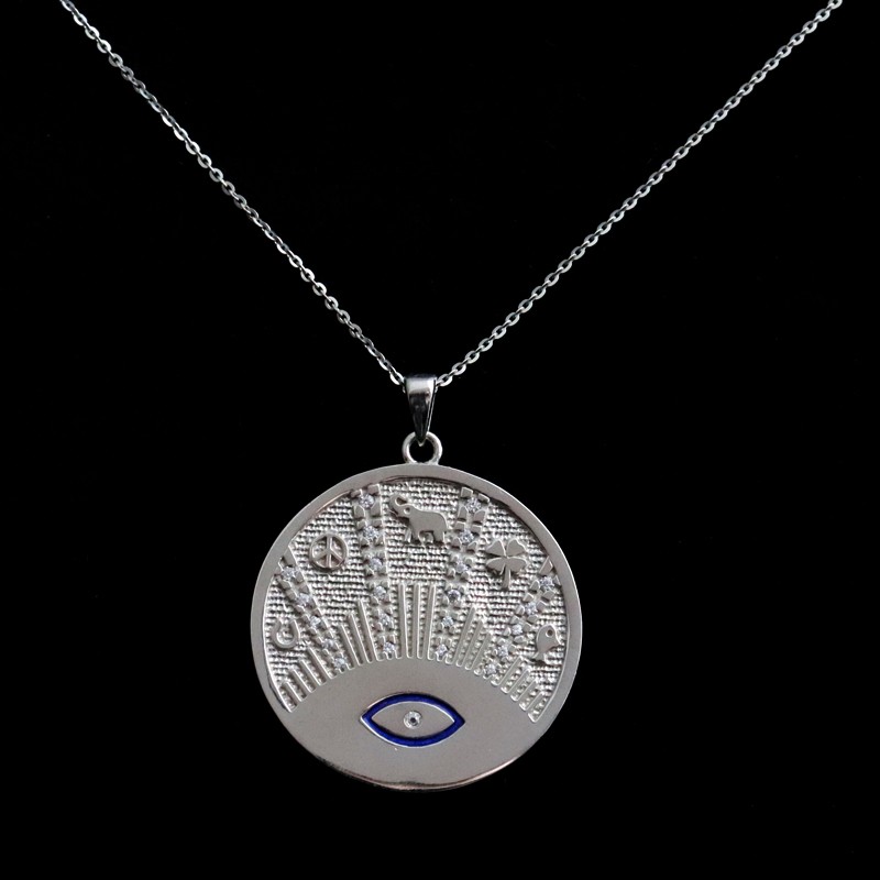 silver circle necklace with eyelet and symbols