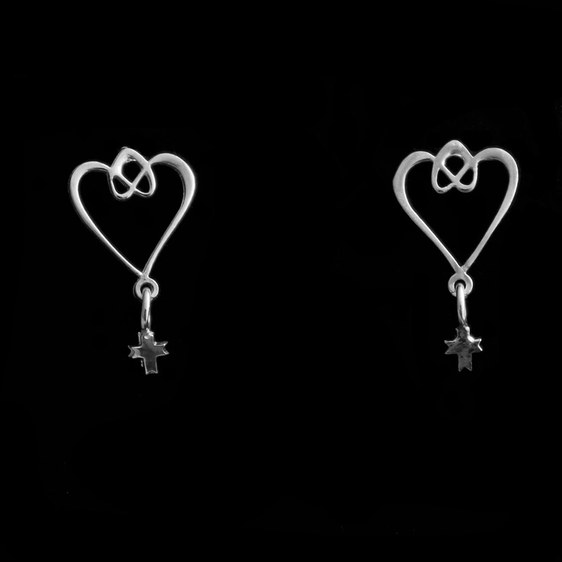 silver heart earrings with hanging cross