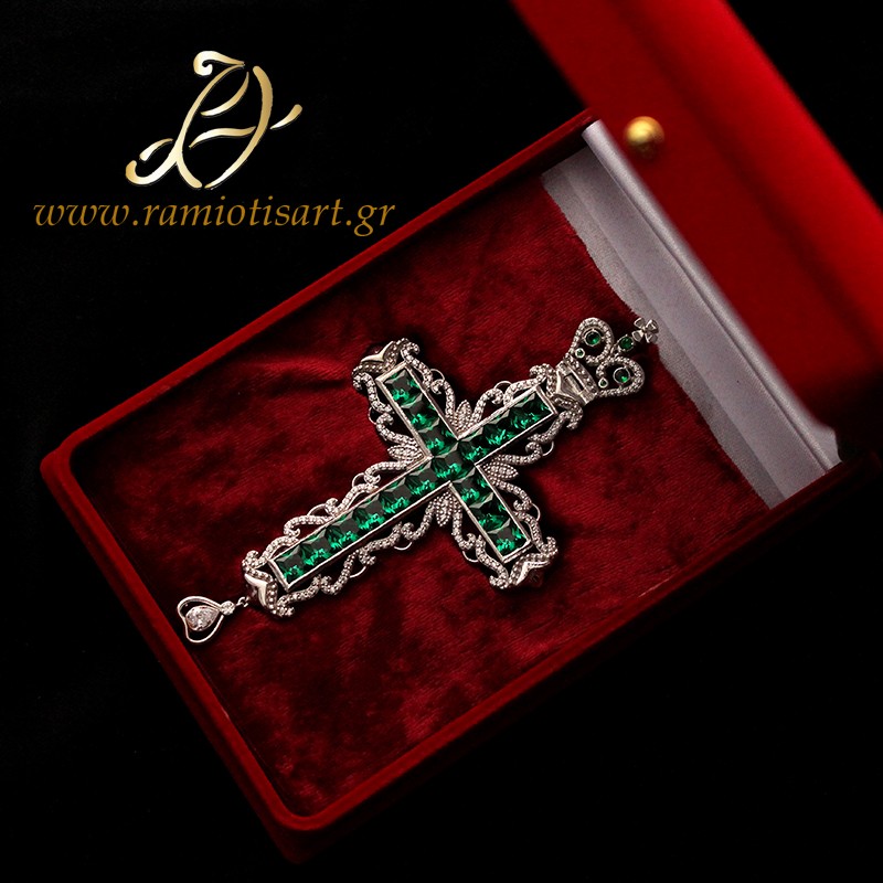pectoral cross silver ΣΤ30-004 green and white cubic zirconia MATERIAL SILVER Color Platinum plated YOUR BUDJET 300+ EURO