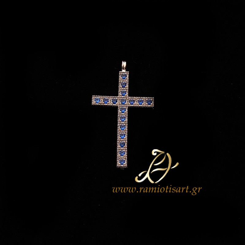 small silver pectoral cross with blue cubic...