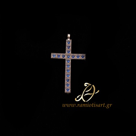 small silver pectoral cross with blue cubic zirconia