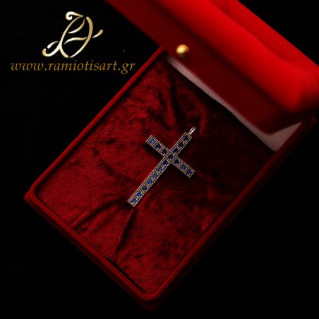 small silver pectoral cross with blue cubic zirconia
