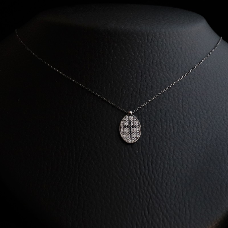 necklace oval cross  with cubic zirconia stones