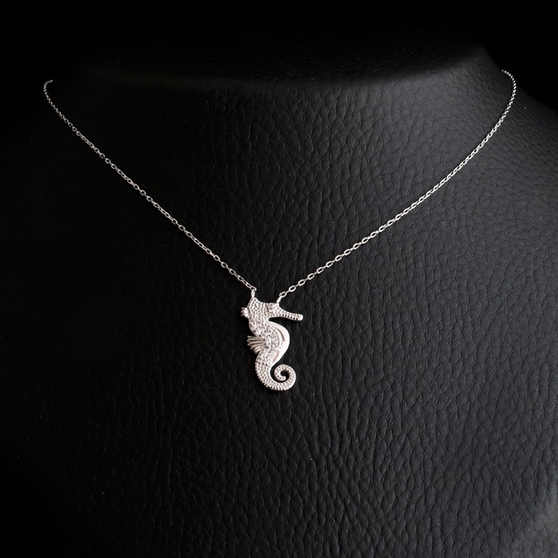 necklace silver seahorse with cubic zirconia stones