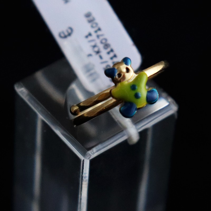 παιδικο χρυσο δαχτυλιδι πρασινο - μπλε αρκουδακι